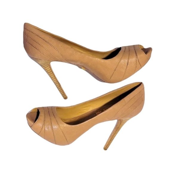 L.A.M.B. Shoes - L.a.m.b. Peep Toe Leather Ribbed Stitching Stacked Stiletto Heels 10